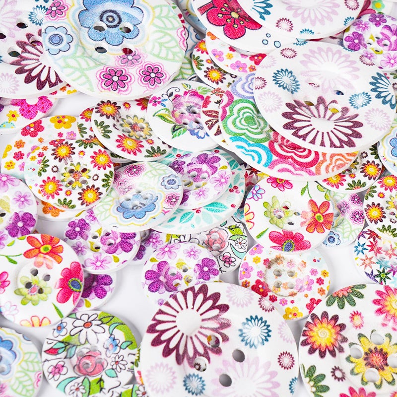 Chenkou Craft 40pcs 1" (25mm) Round Flower Wood Buttons 4 Holes Craft Sewing Button (25mm) - Image 4